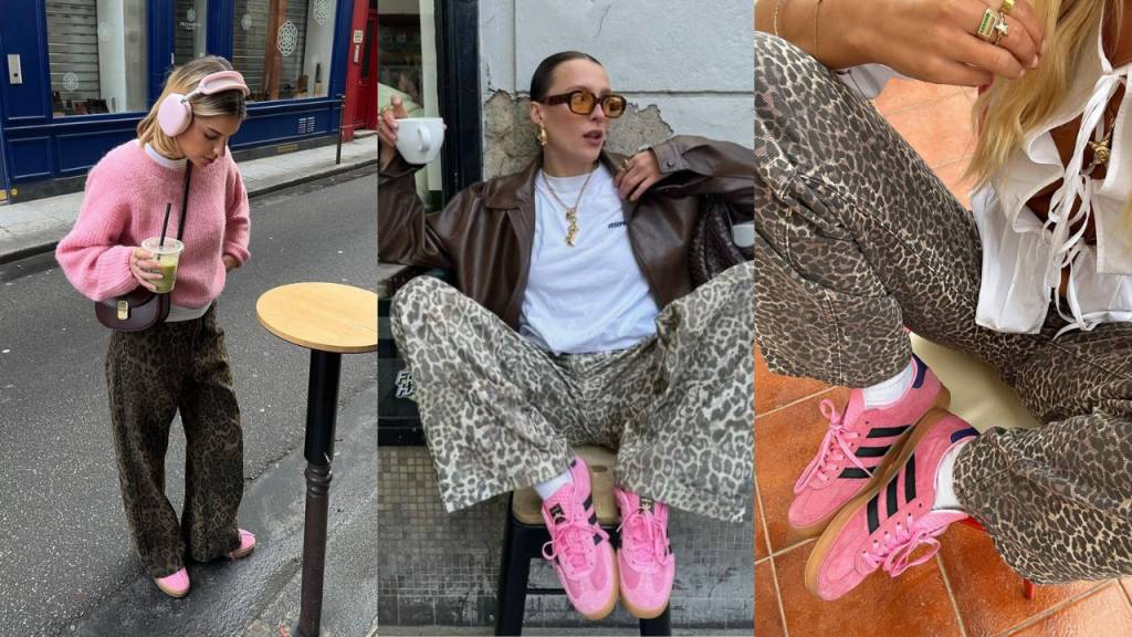 Tr&ecirc;s mulheres com cal&ccedil;as de estampa de leopardo e t&ecirc;nis rosa. A primeira usa su&eacute;ter rosa e fones de ouvido, a segunda jaqueta marrom e &oacute;culos escuros, a terceira blusa branca com babados