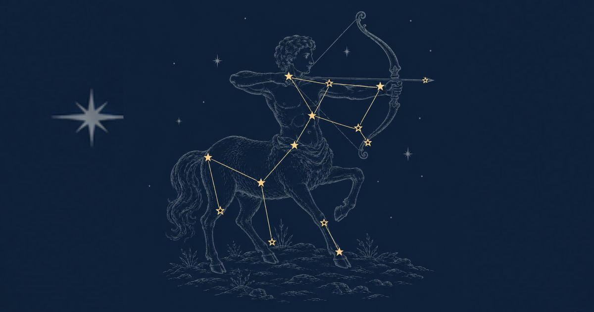 Ilustra&ccedil;&atilde;o do signo de Sagit&aacute;rio, com um centauro musculoso de perfil, puxando um arco e flecha. Estrelas amarelas formam a constela&ccedil;&atilde;o sobre seu corpo, em um c&eacute;u noturno azul-escuro com outras estrelas e uma grande estrela de oito pontas &agrave; esquerda