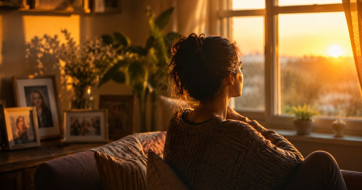Mulher de cabelos presos, vista de costas, sentada em um sof&aacute;, olhando pela janela para um p&ocirc;r do sol alaranjado. A luz do sol ilumina o ambiente, revelando porta-retratos e plantas em uma mesa de cabeceira ao lado
