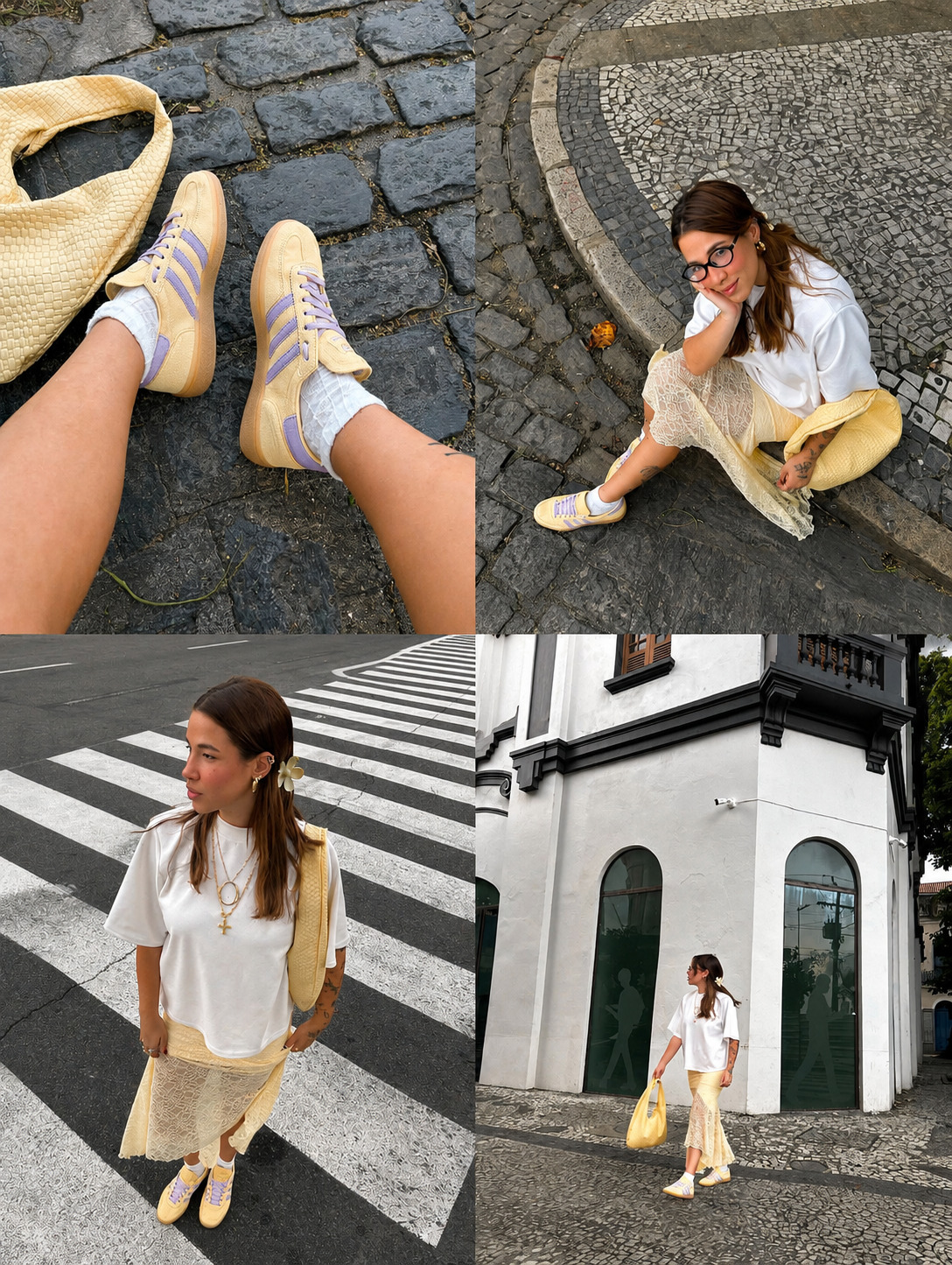 Colagem de quatro fotos de uma mulher jovem com cabelo castanho, vestindo camiseta branca, saia de renda amarela clara, t&ecirc;nis bege com listras e cadar&ccedil;os lil&aacute;s, meias brancas e bolsa amarela. Ela posa em ruas de paralelep&iacute;pedos e faixa de pedestres, com um pr&eacute;dio branco ao fundo