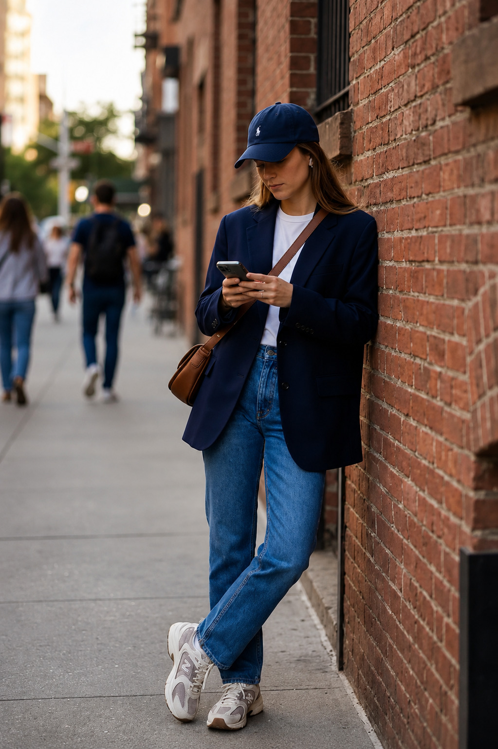 Mulher jovem, de bon&eacute; azul marinho e blazer, olhando o celular enquanto se apoia em uma parede de tijolos. Ela veste camiseta branca, cal&ccedil;a jeans e t&ecirc;nis esportivos cinza e branco, com uma bolsa marrom a tiracolo. Pessoas desfocadas caminham ao fundo na cal&ccedil;ada.
