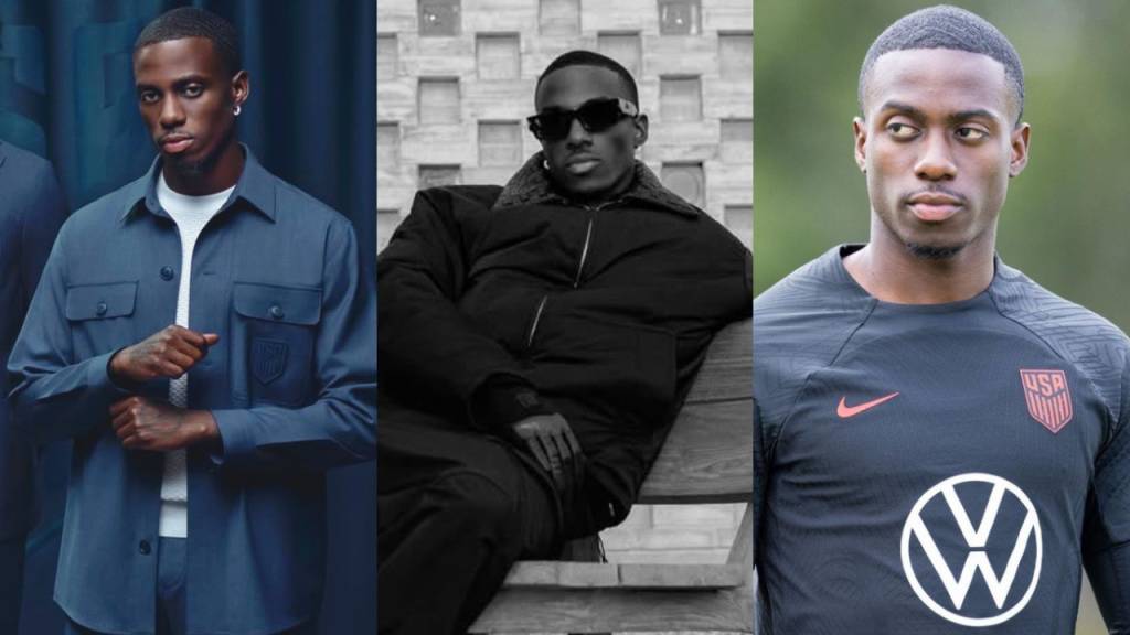 Tr&ecirc;s fotos de um homem negro jovem, com cabelo curto e escuro. Na primeira, ele veste camisa azul-petr&oacute;leo sobre camiseta branca, com um emblema no bolso, olhando s&eacute;rio. Na segunda, em preto e branco, usa &oacute;culos escuros, jaqueta preta e est&aacute; sentado em um banco de madeira. Na terceira, veste uma camisa esportiva azul-marinho com o logo da USA e da Volkswagen, olhando para o lado