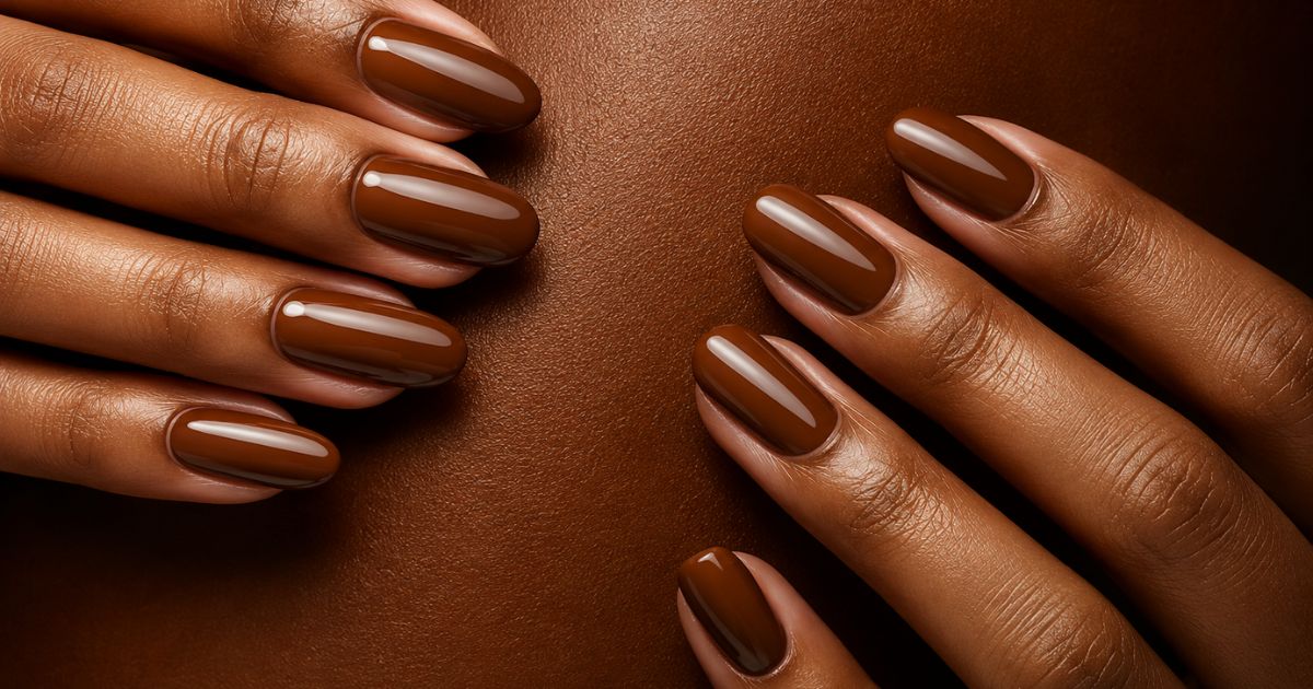 Duas m&atilde;os com pele morena, unhas ovais pintadas em esmalte marrom brilhante, sobre um fundo marrom escuro texturizado