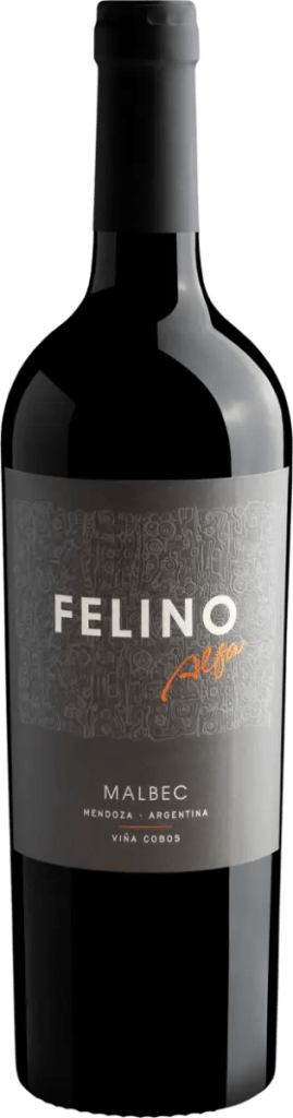 Garrafa de vinho Felino Malbec da Vi&ntilde;a Cobos, com r&oacute;tulo cinza escuro e letras brancas, destacando FELINO e MALBEC, com Mendoza - Argentina e Vi&ntilde;a Cobos em menor tamanho