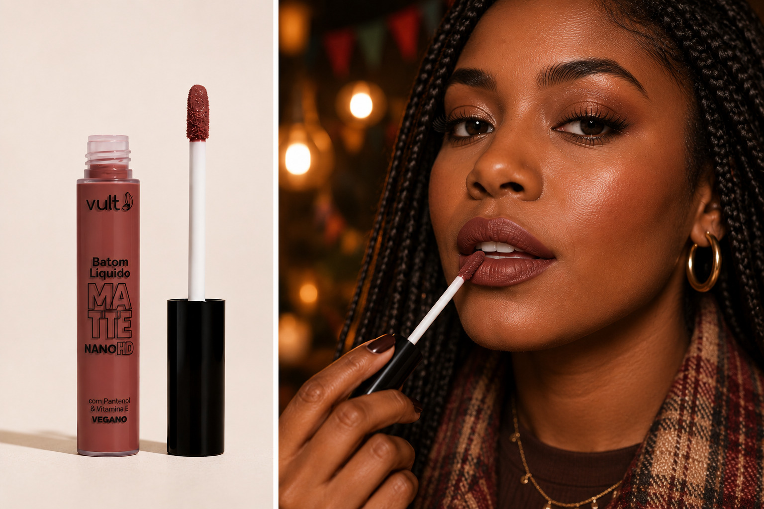Mulher negra com tran&ccedil;as aplicando batom l&iacute;quido marrom-avermelhado, usando um aplicador. &Agrave; esquerda, o tubo do batom Vult Matte Nano HD aberto, com o aplicador ao lado. Fundo desfocado com luzes quentes