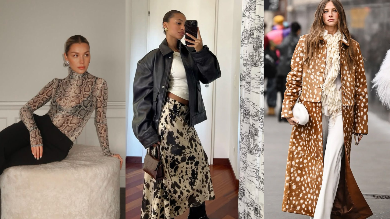 Três mulheres exibindo looks com estampas animais. A primeira veste blusa de cobra e calça preta. A segunda, jaqueta preta, top branco e saia de vaca. A terceira usa casaco de veado, cachecol e calça branca, segurando uma bolsa branca
