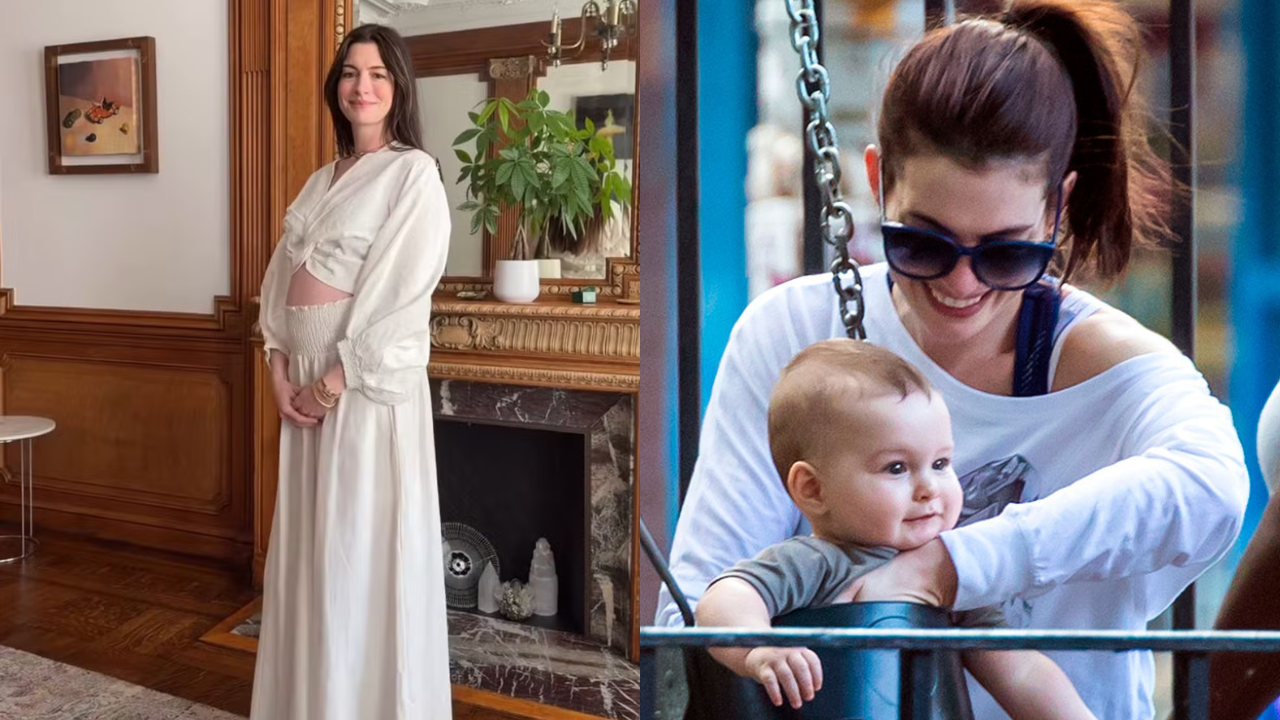 Montagem de duas fotos da atriz Anne Hathaway. À esquerda, ela sorri, grávida, vestindo um conjunto branco de saia longa e top, em uma sala com lareira e espelho. À direita, ela sorri, de óculos escuros e rabo de cavalo, empurrando um bebê em um balanço de parque