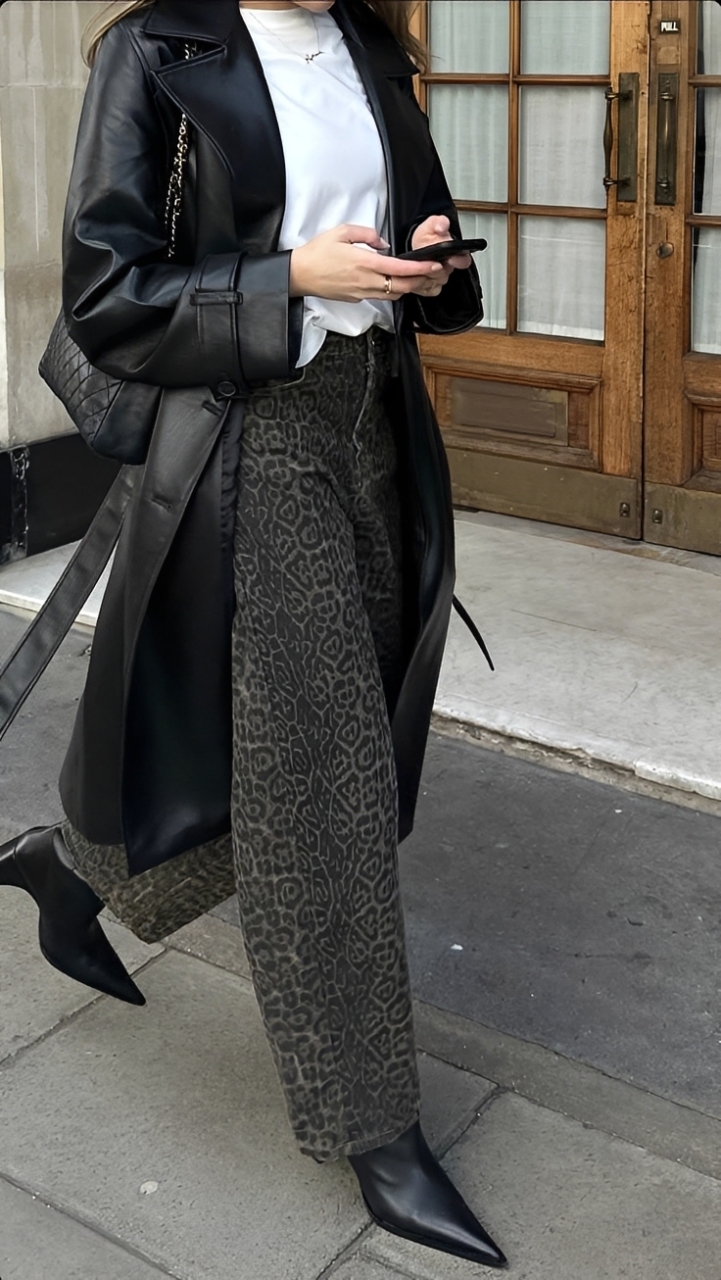 Pessoa em p&eacute;, usando um casaco longo de couro preto, cal&ccedil;a com estampa de on&ccedil;a em tons de cinza e botas pretas de bico fino, segurando um celular com as duas m&atilde;os. Ao fundo, uma porta de madeira com vidros e uma parede clara.