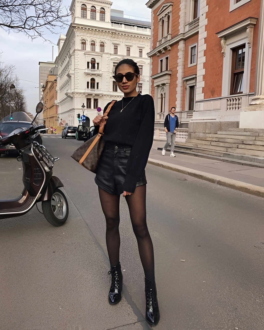 Mulher jovem com &oacute;culos escuros, blusa preta, shorts de couro e meia-cal&ccedil;a preta, posando na rua ao lado de uma scooter. Ao fundo, pr&eacute;dios hist&oacute;ricos e um homem caminhando