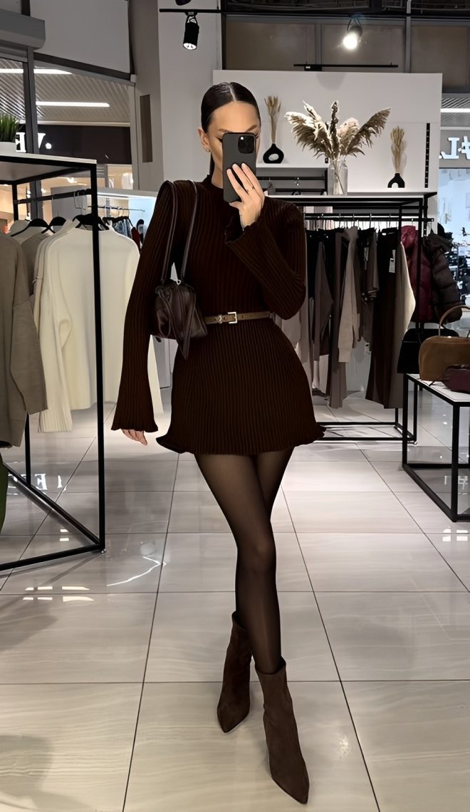 Mulher de cabelo escuro preso, usando vestido de malha marrom com cinto fino, meia-cal&ccedil;a preta e botas de salto marrons, tirando uma selfie no espelho de uma loja de roupas