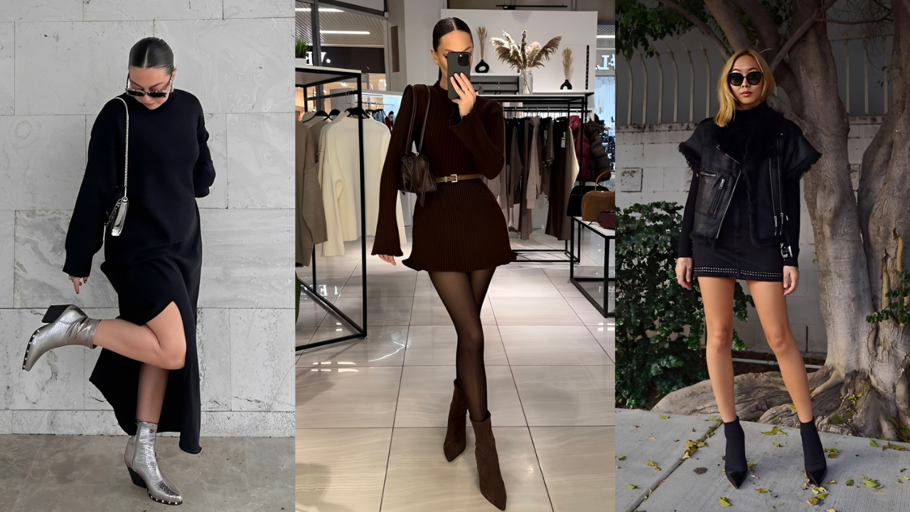 Três mulheres posam com looks de inverno. A primeira usa vestido preto e botas prateadas. A segunda, vestido marrom e botas escuras, tirando selfie. A terceira, jaqueta preta e minissaia, em frente a uma árvore