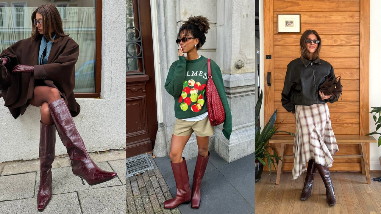 Três mulheres exibem botas de cano alto em diferentes looks. A primeira usa casaco marrom, luvas e botas vinho. A segunda veste moletom verde, shorts bege e botas marrons. A terceira usa jaqueta preta, saia xadrez e botas escuras