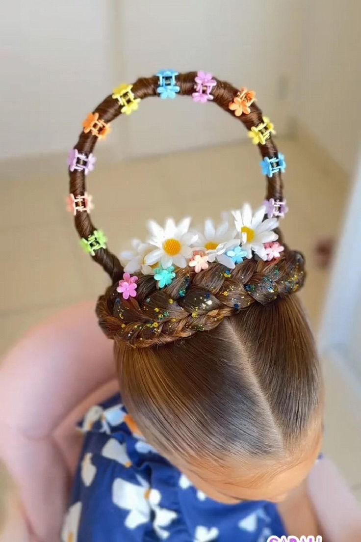 Penteado infantil com tran&ccedil;a embutida na parte superior da cabe&ccedil;a, formando uma coroa com margaridas brancas e pequenas presilhas coloridas, e uma al&ccedil;a tran&ccedil;ada com presilhas coloridas em formato de flor. O cabelo castanho tem glitter dourado e a crian&ccedil;a veste uma blusa azul com estampa branca