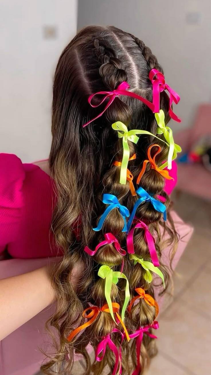 Cabelo castanho-claro de uma crian&ccedil;a com duas tran&ccedil;as na parte superior e cachos soltos presos com la&ccedil;os coloridos: rosa, verde-lim&atilde;o, laranja e azul