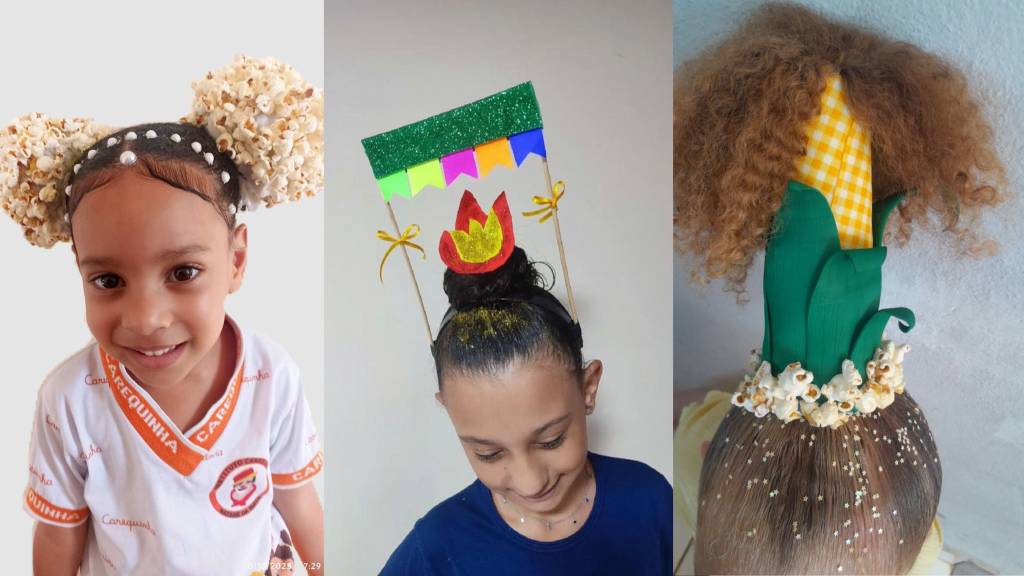 7 ideias geniais de cabelo maluco para Festa Junina escolar — de fogueira a pipoca