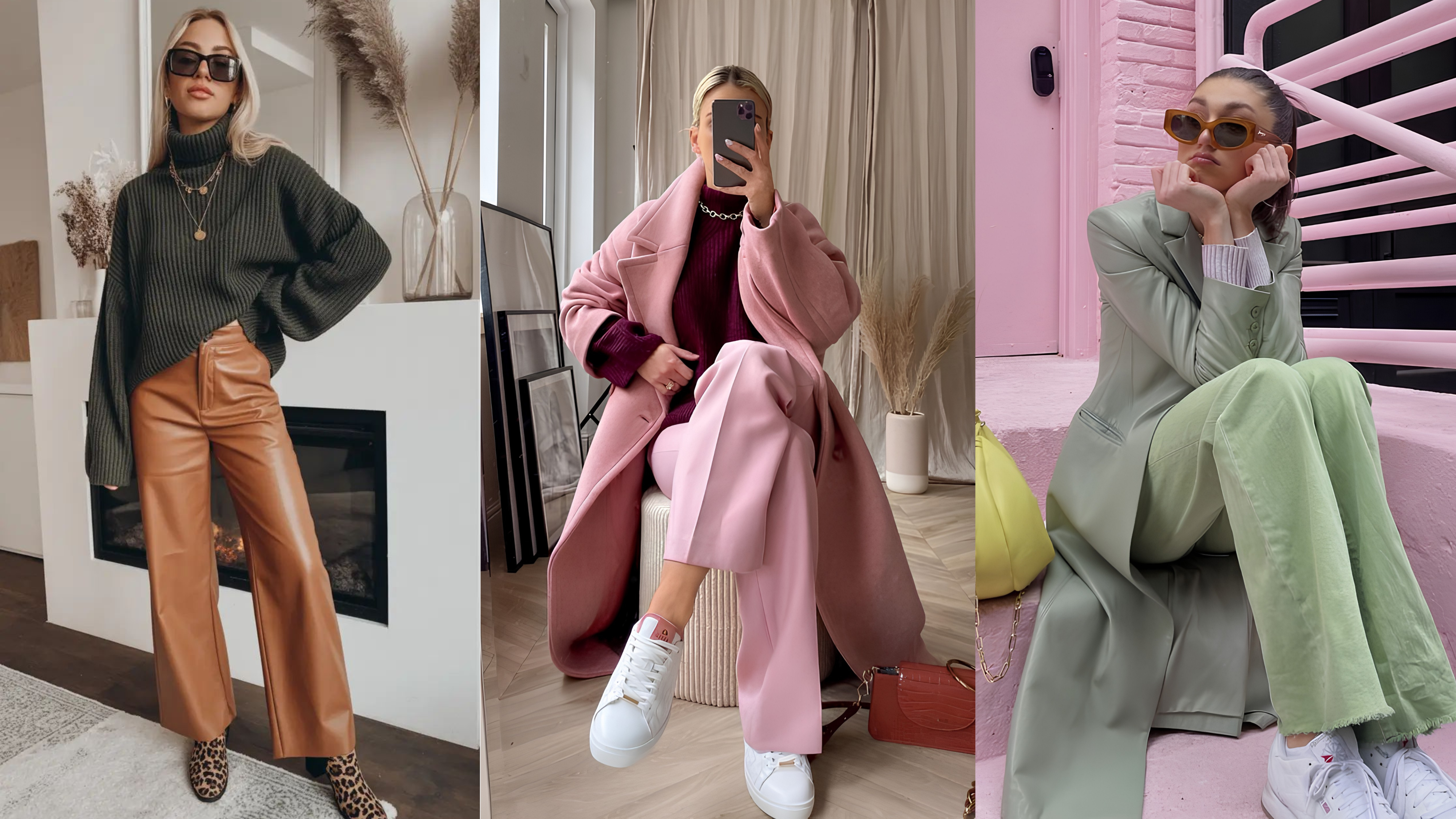 Três mulheres posam com looks de inverno. Da esquerda para a direita: blusa de gola alta escura e calça de couro marrom; casaco e calça rosa com blusa vinho; blazer e calça verde-claro