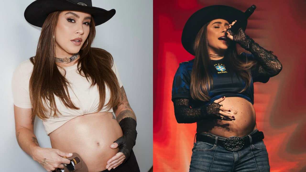 A cantora sertaneja Marília Mendonça, com chapéu preto, em duas fotos: à esquerda, ela posa com barriga de grávida à mostra, segurando um sapatinho de bebê; à direita, canta no palco com microfone, vestindo camiseta do Brasil e jeans, com a barriga também exposta