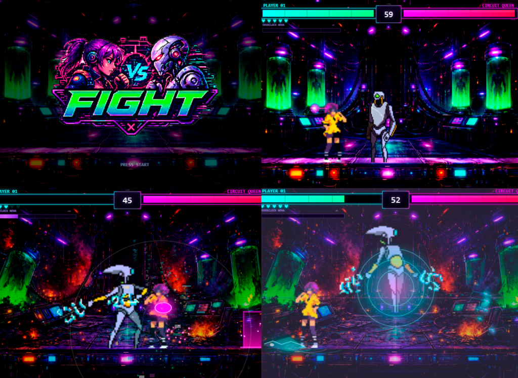 Montagem de quatro telas de um jogo de luta estilo pixel art. A primeira mostra o t&iacute;tulo FIGHT com uma garota e um rob&ocirc;. As outras tr&ecirc;s exibem a garota de amarelo e o rob&ocirc; branco lutando em um cen&aacute;rio futurista com tubos de luz verde e explos&otilde;es coloridas, com barras de vida e placares no topo