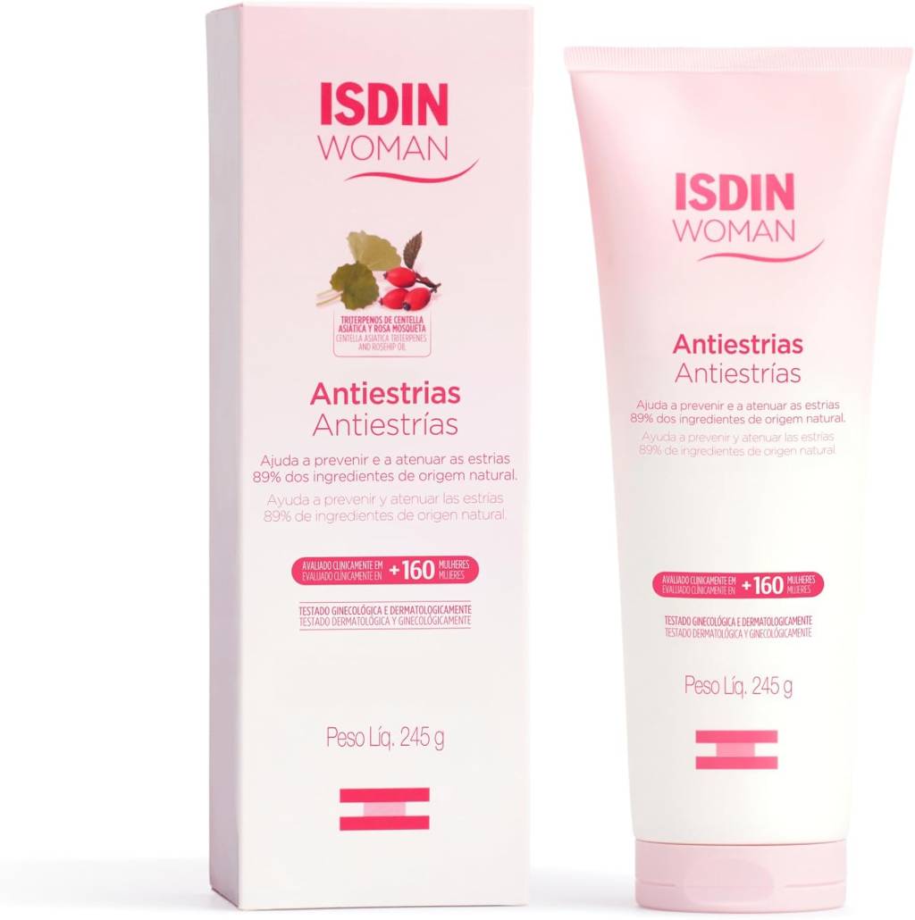 Duas embalagens de creme antiestrias ISDIN Woman, uma caixa e um tubo, com informa&ccedil;&otilde;es sobre ingredientes naturais, preven&ccedil;&atilde;o de estrias e peso l&iacute;quido de 245g