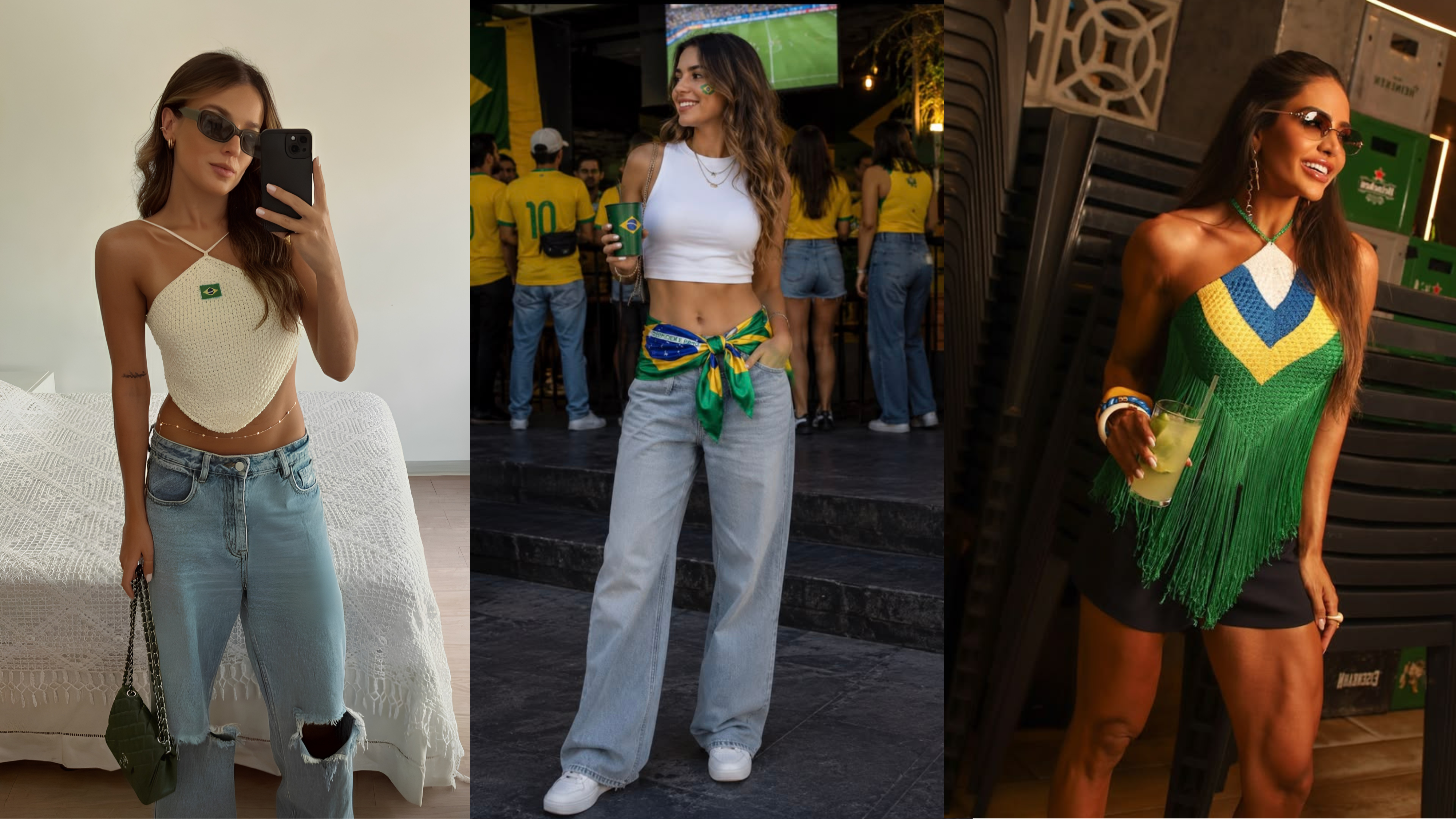 Três mulheres exibem looks inspirados na bandeira brasileira. A primeira usa top creme com bandeira, calça jeans rasgada e óculos escuros. A segunda veste top branco, calça jeans clara, lenço amarrado na cintura e pintura facial. A terceira usa top de crochê verde, amarelo e azul com franjas, shorts preto e óculos de sol, segurando uma bebida