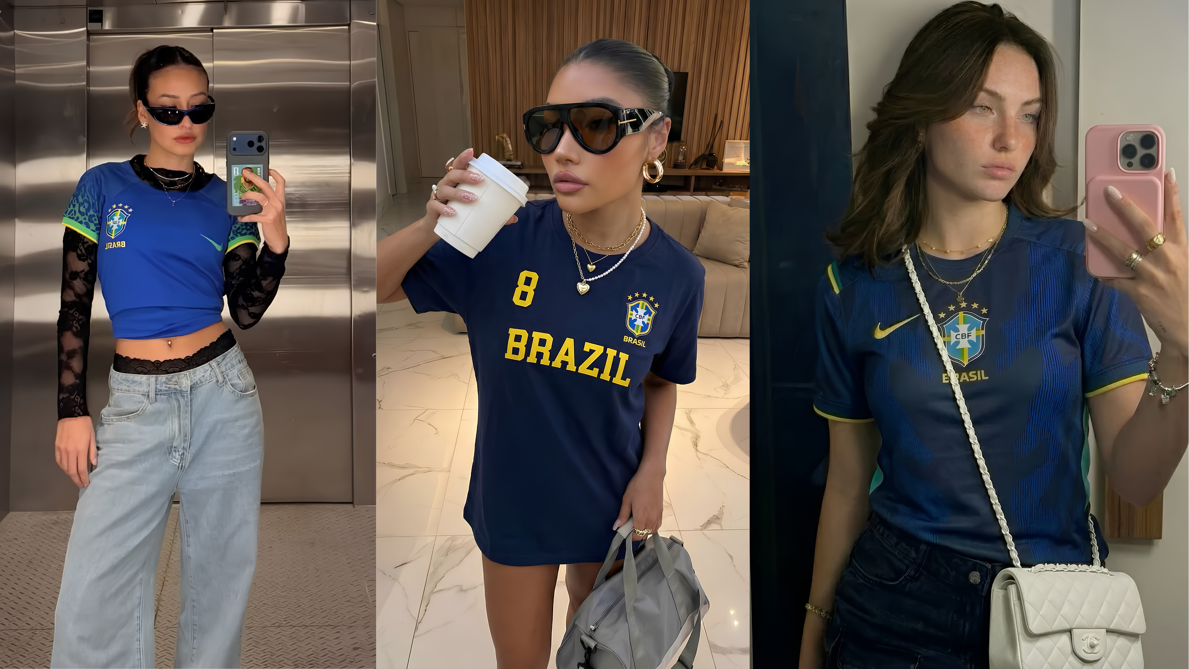 Três mulheres posam para selfies em ambientes diferentes, vestindo camisetas azuis da seleção brasileira de futebol. A primeira usa óculos escuros e calça jeans, a segunda segura um copo de café e uma bolsa cinza, e a terceira tem cabelo castanho solto e uma bolsa branca a tiracolo