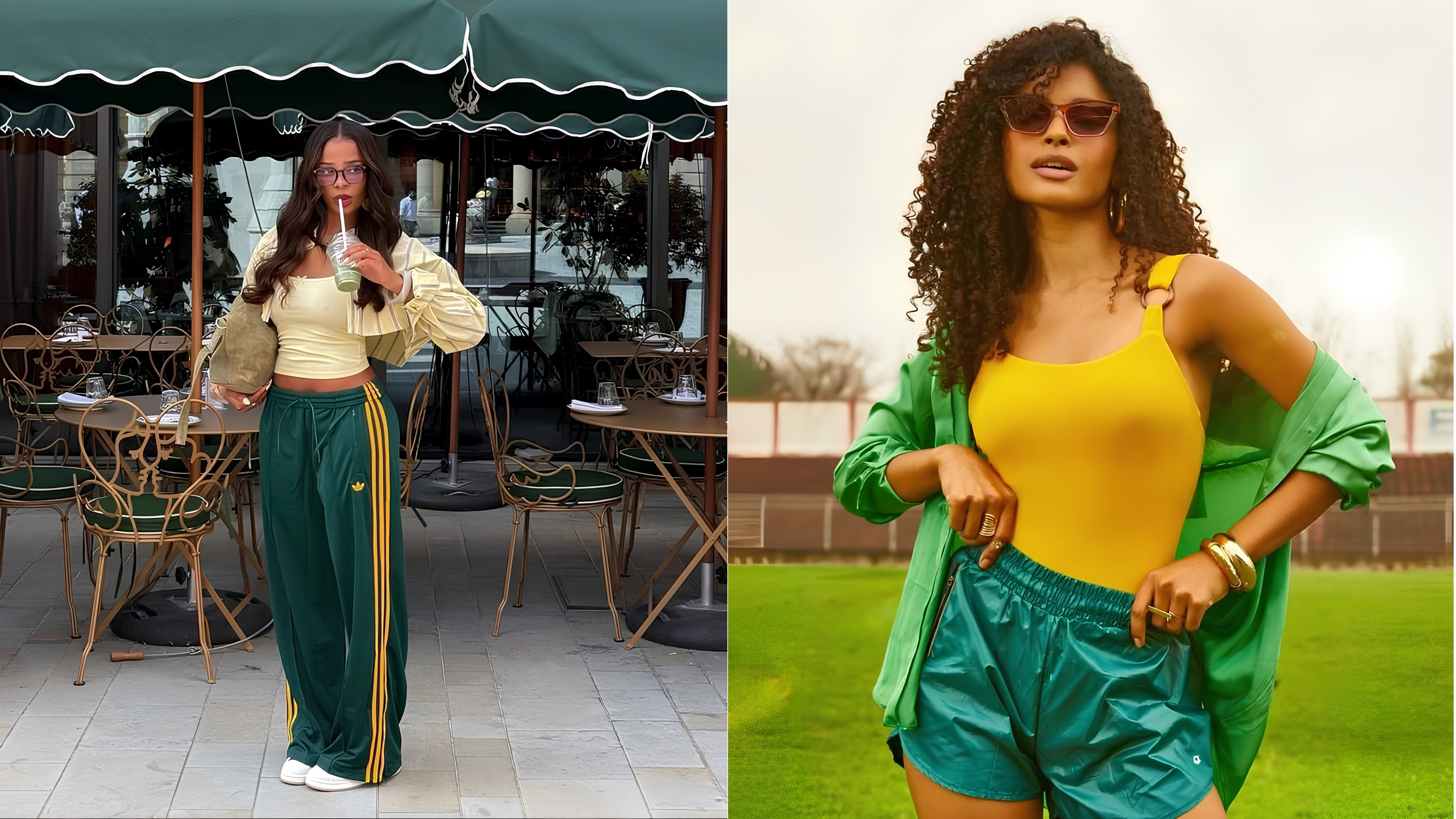 Duas mulheres em looks esportivos. À esquerda, mulher de óculos escuros, blusa amarela e calça Adidas verde com listras amarelas, bebendo um suco em um café. À direita, mulher de cabelo cacheado, óculos de sol, maiô amarelo, shorts verde-água e camisa verde aberta, posando em um campo gramado