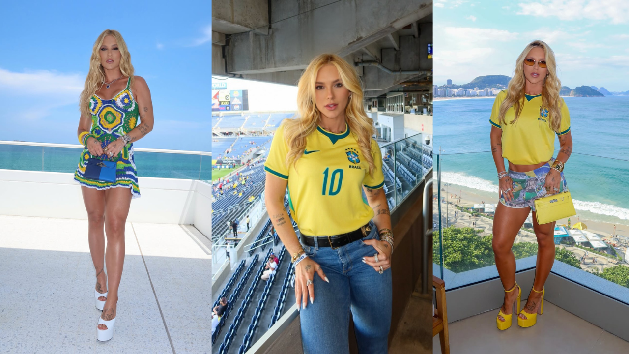 Três fotos de uma mulher loira, com tatuagens nos braços, em diferentes locais. Na primeira, ela usa um vestido de crochê colorido e sandálias brancas, em um terraço com vista para o mar. Na segunda, veste camisa da seleção brasileira e jeans, em um estádio. Na terceira, usa camisa da seleção, shorts estampados e sandálias amarelas, em uma varanda com vista para a praia