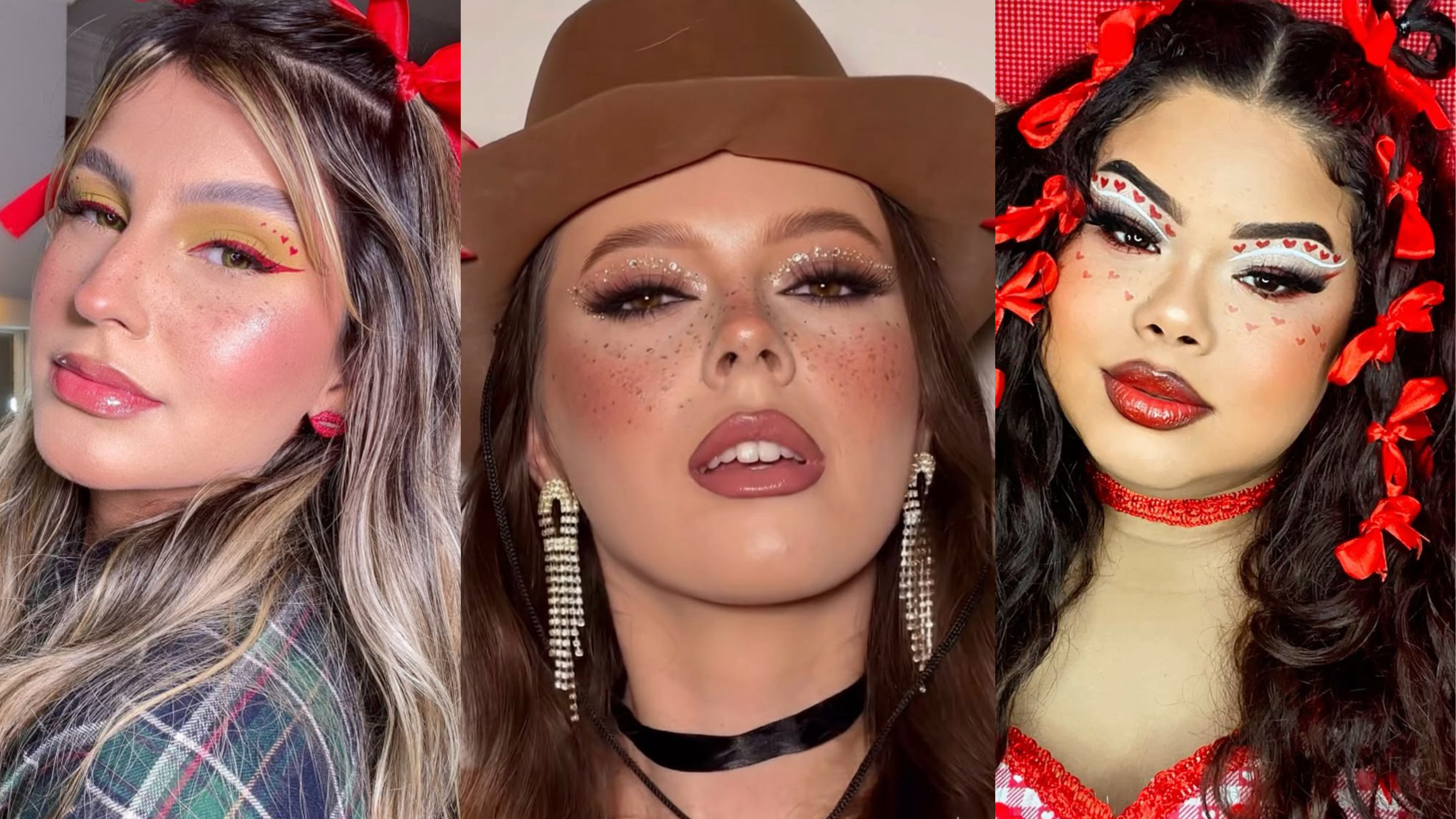 Três mulheres com maquiagens temáticas de festa junina. A primeira tem delineado vermelho com corações e sombra amarela, laços vermelhos no cabelo. A segunda usa chapéu de cowboy, maquiagem com glitter nos olhos e sardas falsas. A terceira tem delineado branco com corações, laços vermelhos no cabelo e um vestido xadrez vermelho