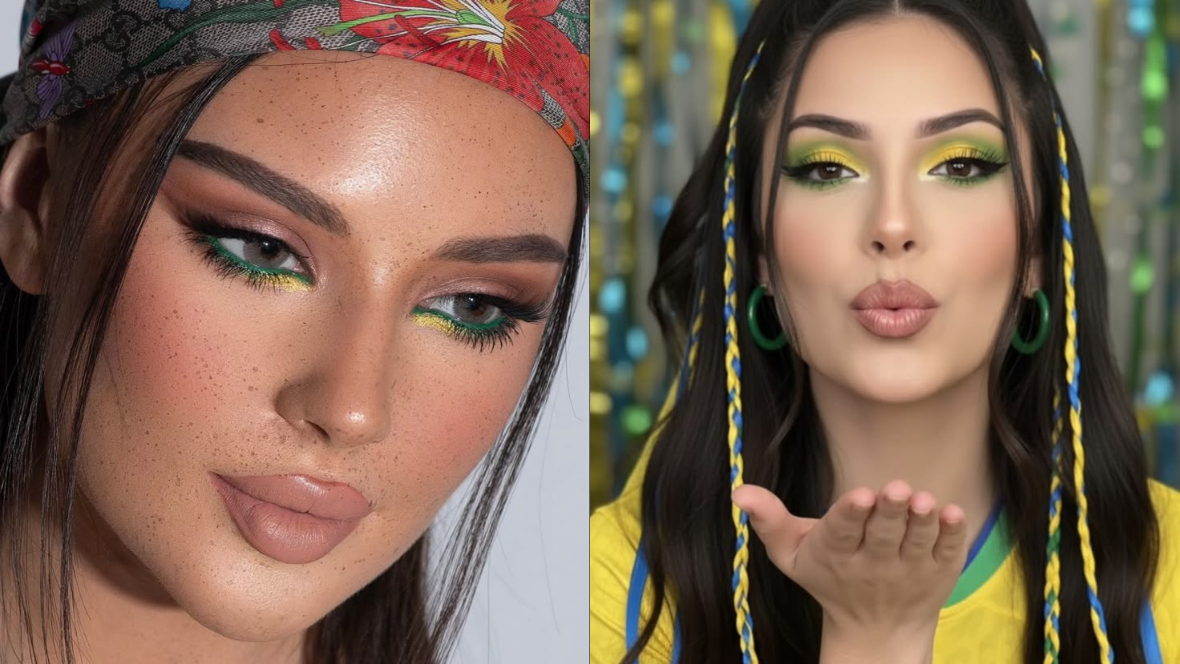 Montagem de duas mulheres utilizando inspirações de maquiagem em verde e amarelo para a Copa do Mundo