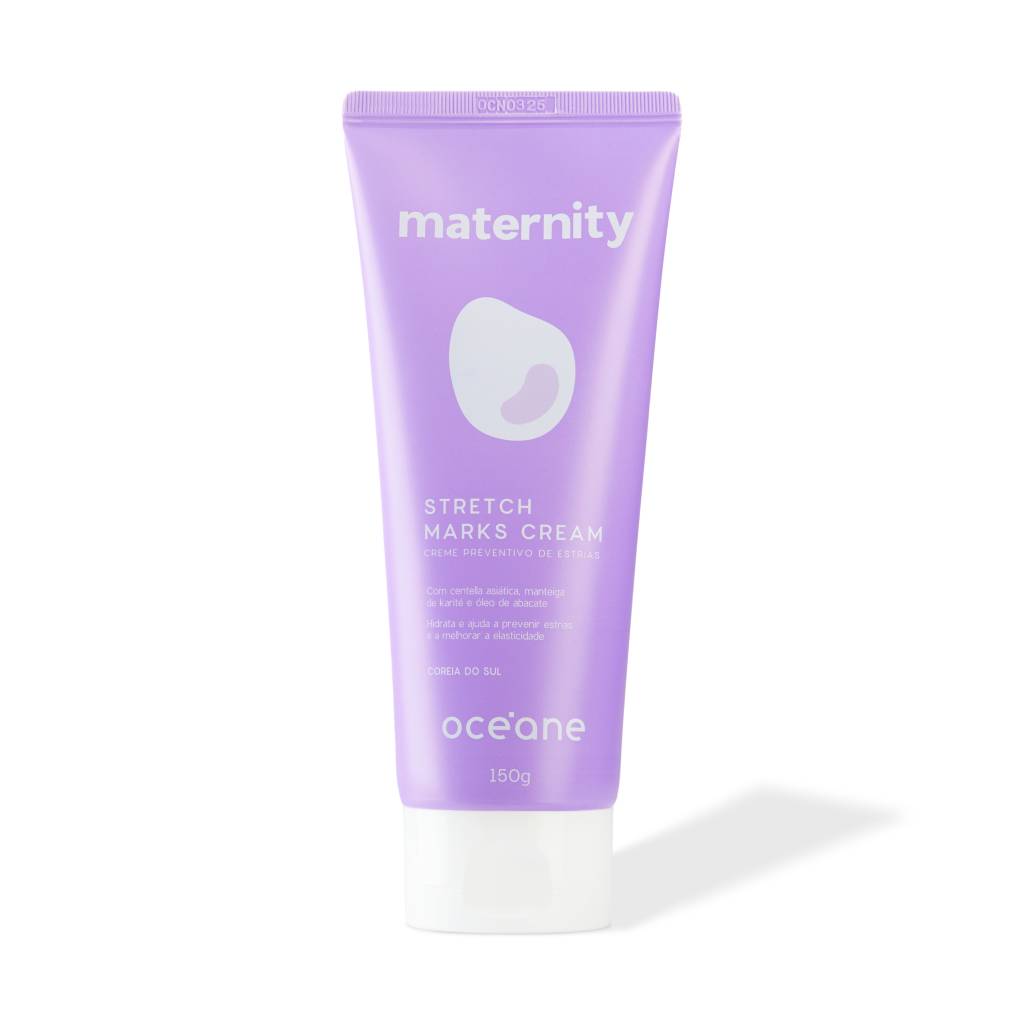Tubo de creme roxo claro da marca Oc&eacute;ane, linha Maternity Stretch Marks Cream, com 150g, para preven&ccedil;&atilde;o de estrias. Cont&eacute;m centella asi&aacute;tica, manteiga de karit&eacute; e &oacute;leo de abacate, hidrata e melhora a elasticidade da pele. Produto da Coreia do Sul