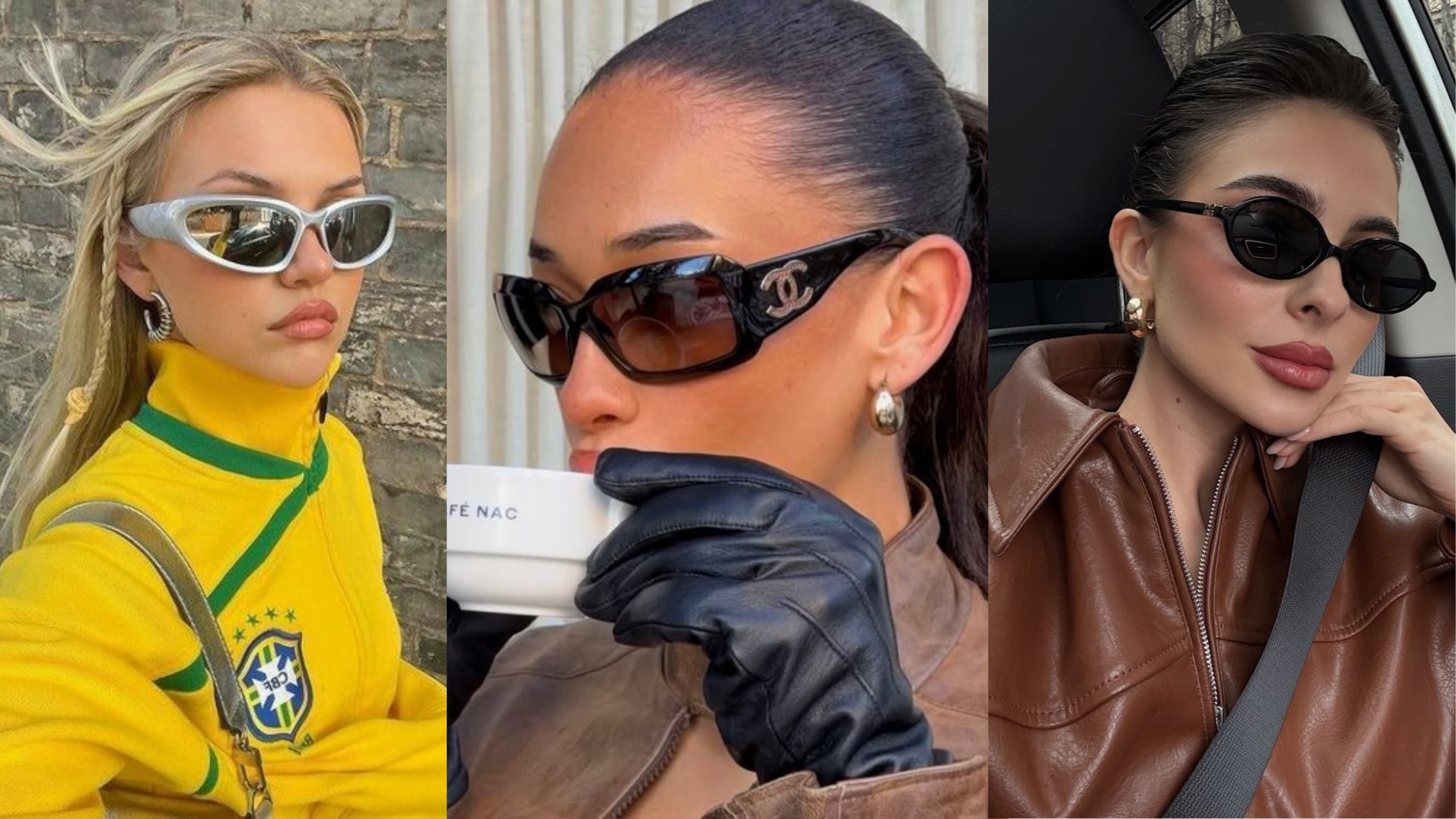 Três mulheres exibem óculos de sol estilosos. A primeira, loira, usa óculos esportivos prateados e jaqueta amarela do Brasil. A segunda, morena, veste luvas pretas, jaqueta marrom e óculos Chanel. A terceira, também morena, está no carro com jaqueta marrom e óculos ovais pretos