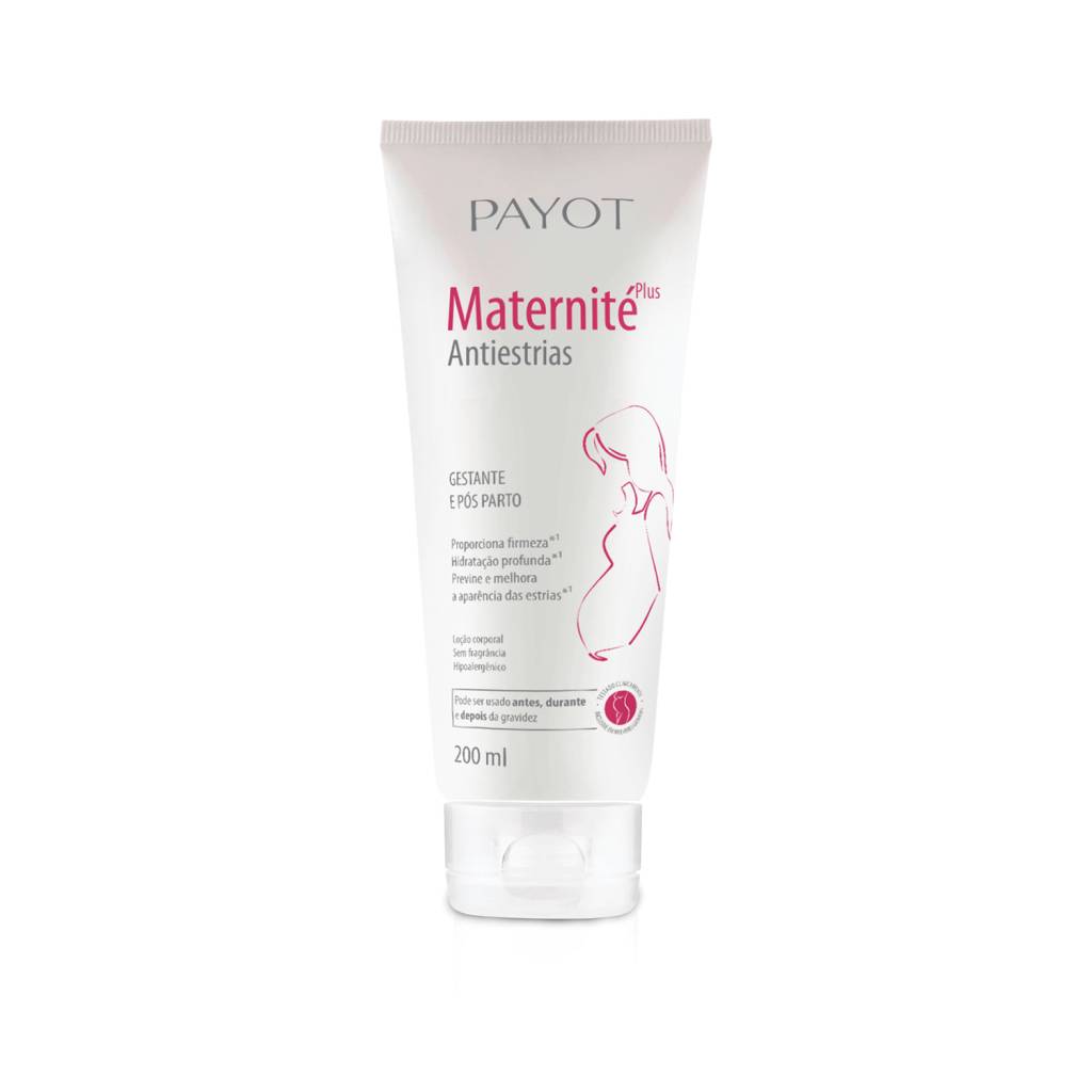 Tubo branco de creme Payot Maternit&eacute; Antiestrias, com detalhes em rosa e cinza. A embalagem destaca Gestante e P&oacute;s Parto, Proporciona firmeza, Hidrata&ccedil;&atilde;o profunda, Previne e melhora a apar&ecirc;ncia das estrias, Lo&ccedil;&atilde;o corporal sem fragr&acirc;ncia hipoalerg&ecirc;nico e Pode ser usado antes, durante e depois da gravidez. Cont&eacute;m 200 ml