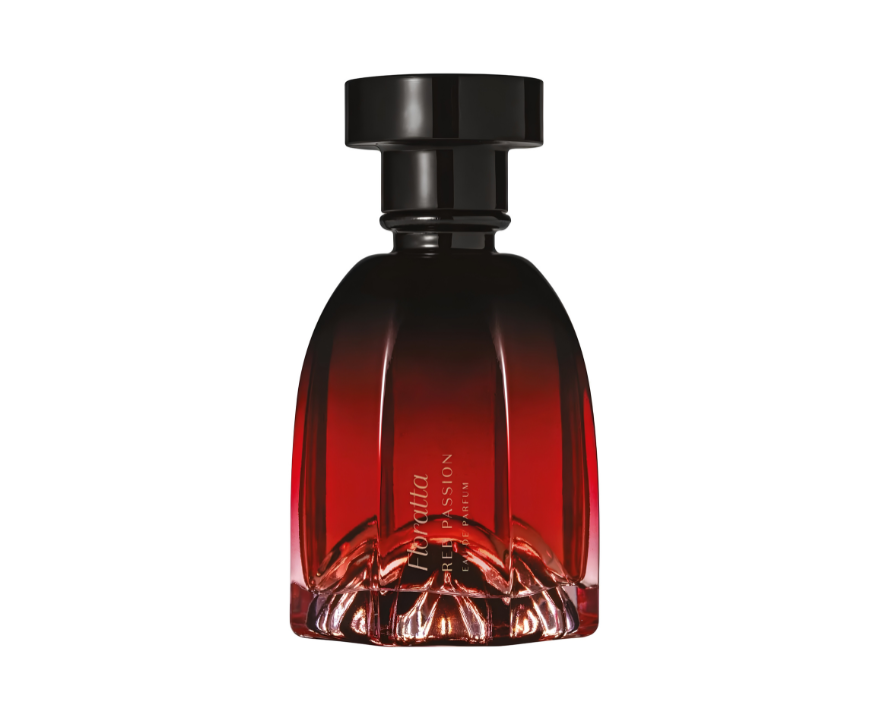 Frasco de perfume Floratta Red Passion, com vidro em degrad&ecirc; do vermelho escuro ao preto na parte superior e tampa preta. A base do frasco tem detalhes em relevo que lembram p&eacute;talas. O nome Floratta Red Passion Eau de Parfum est&aacute; escrito verticalmente na frente