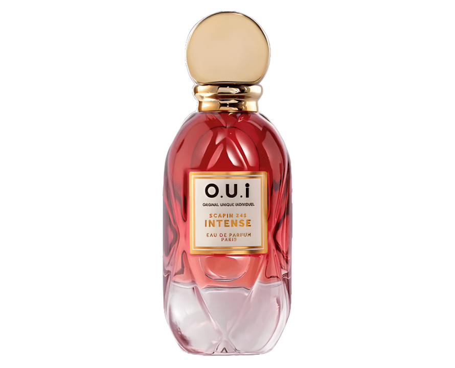 Frasco de perfume O.U.i Scapin 245 Intense Eau de Parfum Paris, com l&iacute;quido vermelho na parte superior e transparente na base, tampa dourada e r&oacute;tulo branco com borda dourada