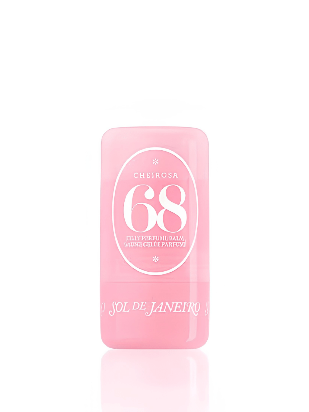 B&aacute;lsamo perfumado Cheirosa 68 da Sol de Janeiro, em embalagem retangular rosa transl&uacute;cida com r&oacute;tulo oval branco e letras brancas, sobre fundo branco com reflexo
