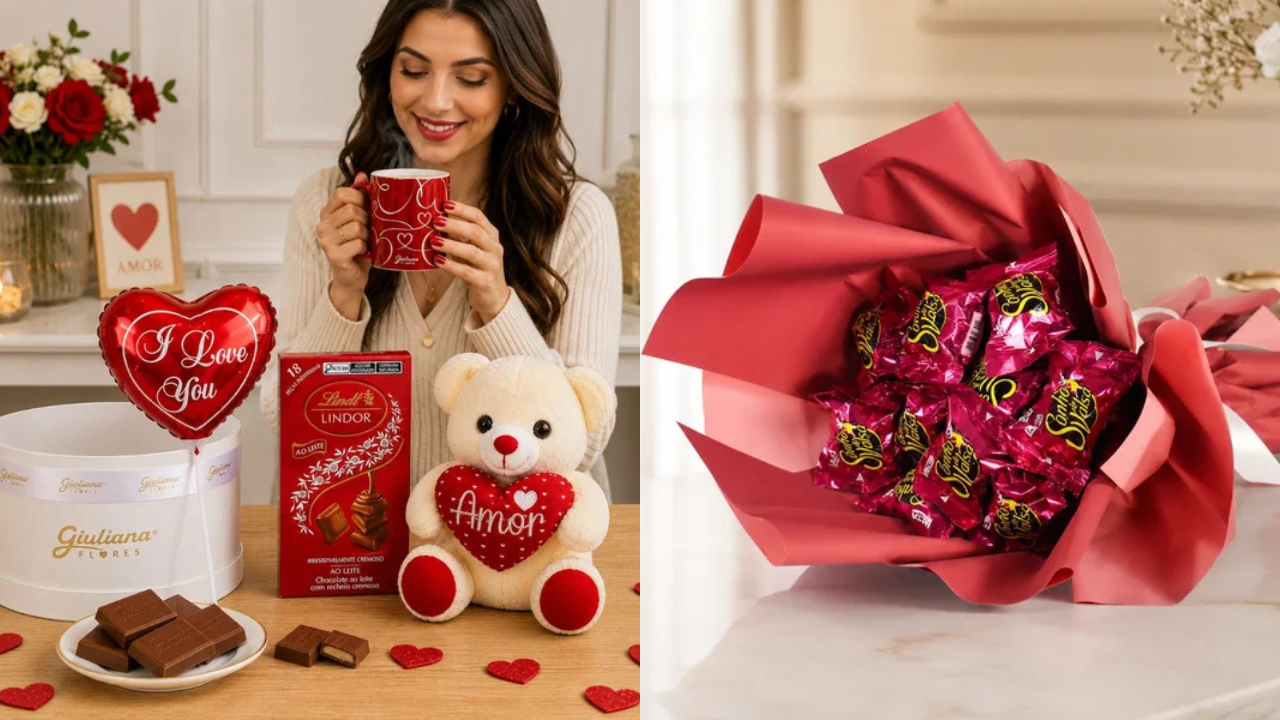 Mulher sorridente segurando uma caneca vermelha, com presentes de Dia dos Namorados: um balão I Love You, caixa de chocolates Lindt, urso de pelúcia Amor e bombons Sonho de Valsa embrulhados em papel vermelho