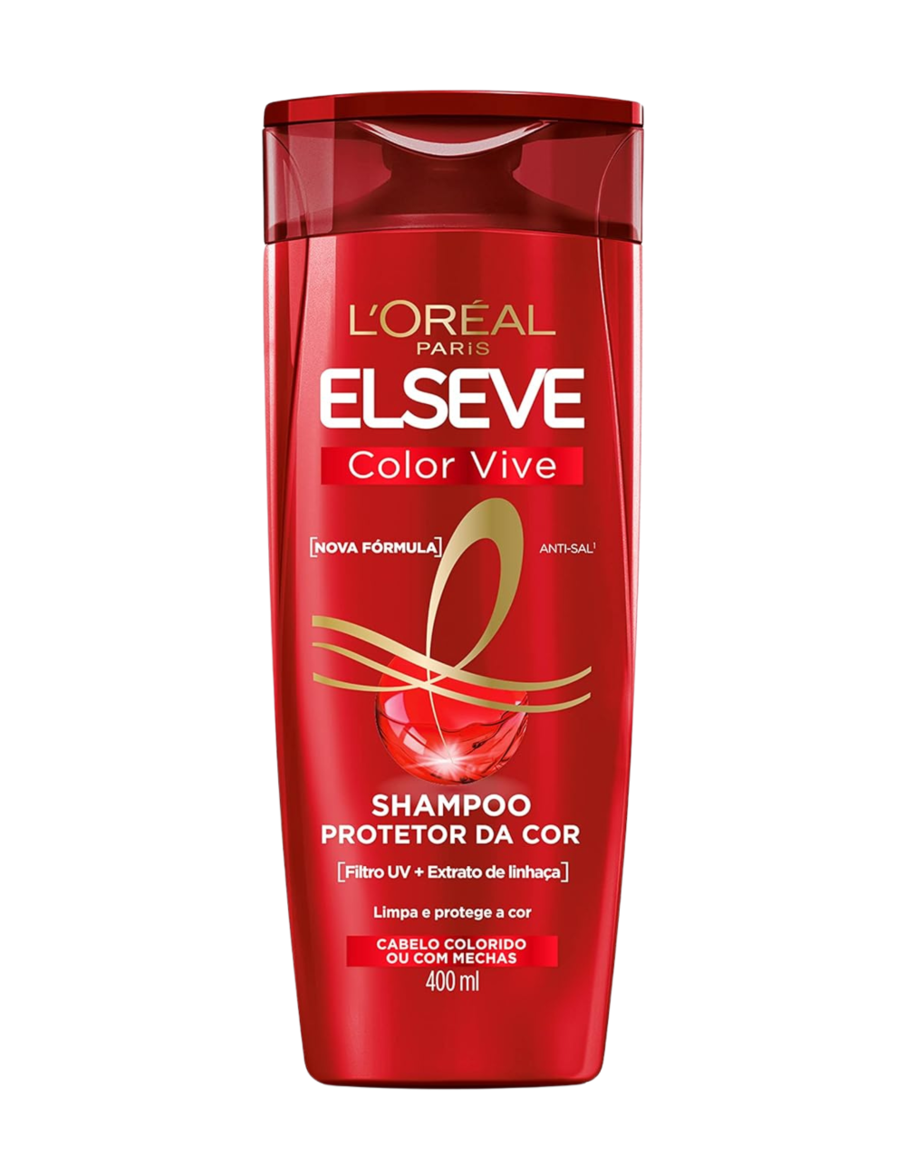 Frasco vermelho de shampoo L'Or&eacute;al Elseve Color Vive, com tampa transparente avermelhada. O r&oacute;tulo dourado e branco indica "Shampoo Protetor da Cor", "Nova F&oacute;rmula", "Anti-Sal", "Filtro UV + Extrato de Linha&ccedil;a", "Limpa e protege a cor", "Cabelo Colorido ou com Mechas", e "400 ml". Um desenho dourado e vermelho de um la&ccedil;o estilizado com uma esfera vermelha no centro decora o r&oacute;tulo