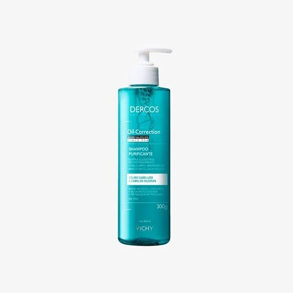 Frasco de shampoo Dercos Oil-Correction da Vichy, azul-turquesa com pump branco, para couro cabeludo e cabelos oleosos, 300g