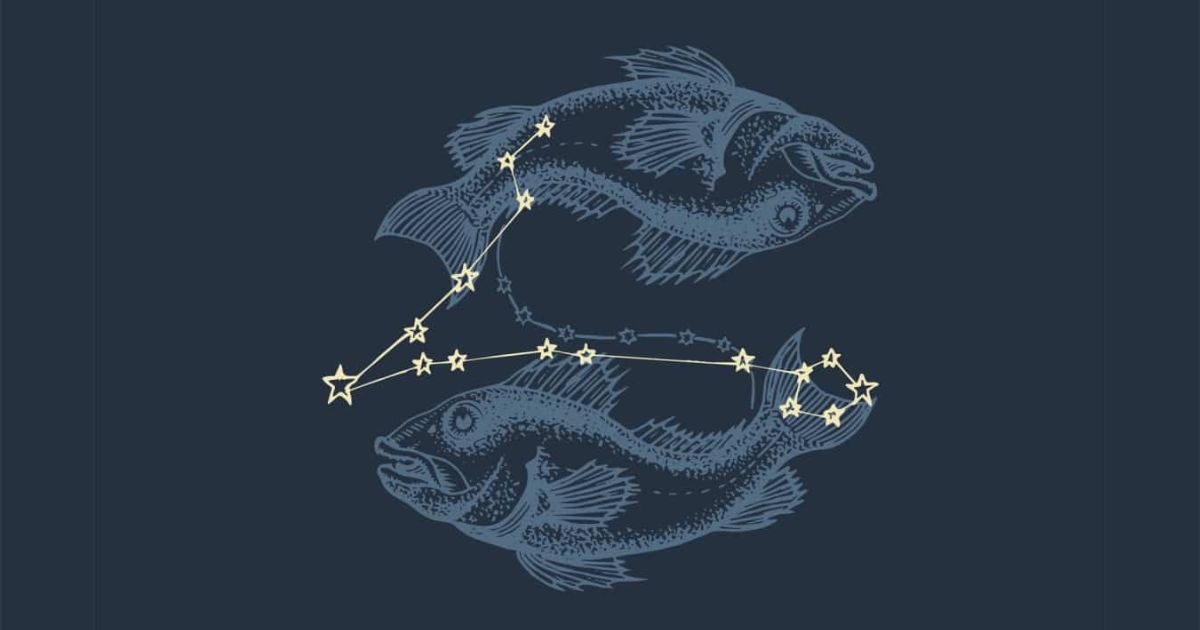 Ilustra&ccedil;&atilde;o do signo de Peixes, com dois peixes azuis escuros nadando em dire&ccedil;&otilde;es opostas, conectados por uma linha de estrelas amarelas que formam a constela&ccedil;&atilde;o, sobre um fundo azul marinho