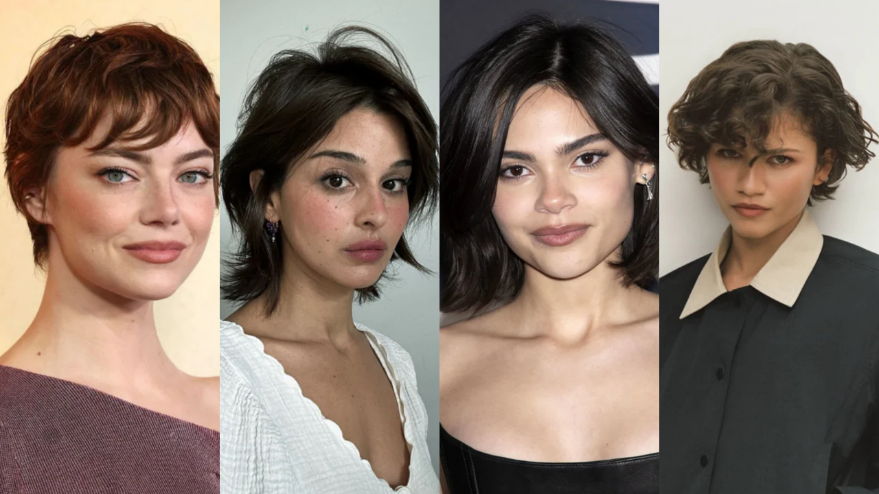 Quatro mulheres com diferentes cortes de cabelo curto. Da esquerda para a direita: Emma Stone com cabelo ruivo ondulado, uma mulher com cabelo castanho escuro e sardas, uma mulher com cabelo castanho escuro liso e brincos, e Zendaya com cabelo castanho escuro cacheado e camisa de colarinho claro