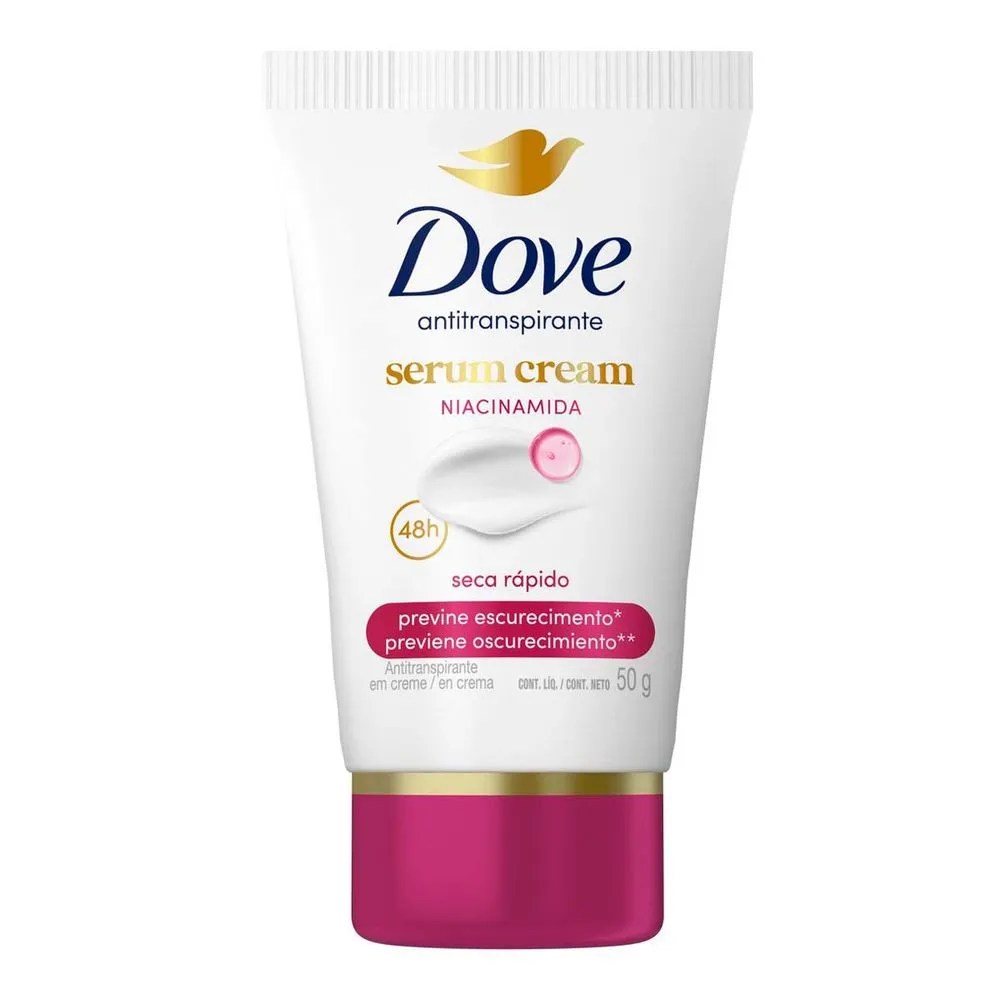 Tubo branco de antitranspirante Dove Serum Cream Niacinamida, com tampa rosa vibrante. O r&oacute;tulo dourado da marca tem um p&aacute;ssaro dourado. O texto indica 48h, seca r&aacute;pido e previne escurecimento, com 50g