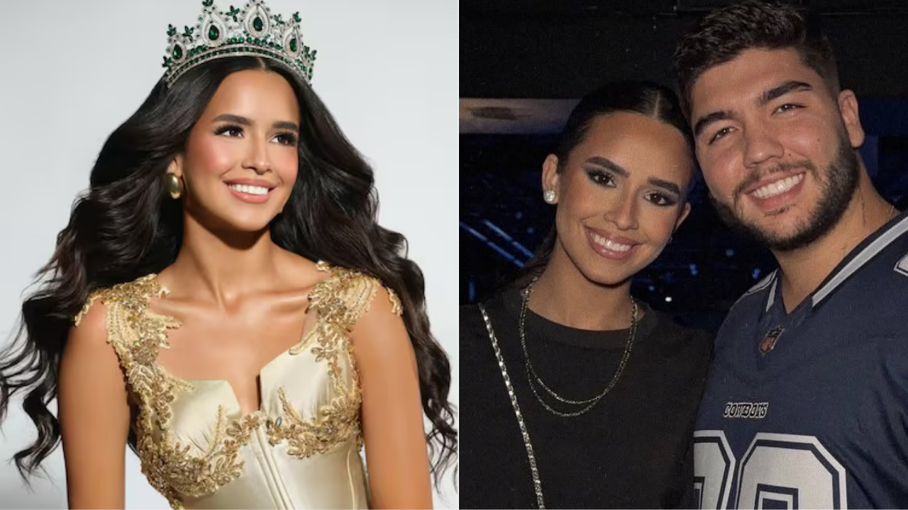 Montagem de duas fotos: à esquerda, uma mulher sorridente com coroa e vestido dourado; à direita, a mesma mulher com um homem barbudo, ambos sorrindo, ele veste uma camisa de time