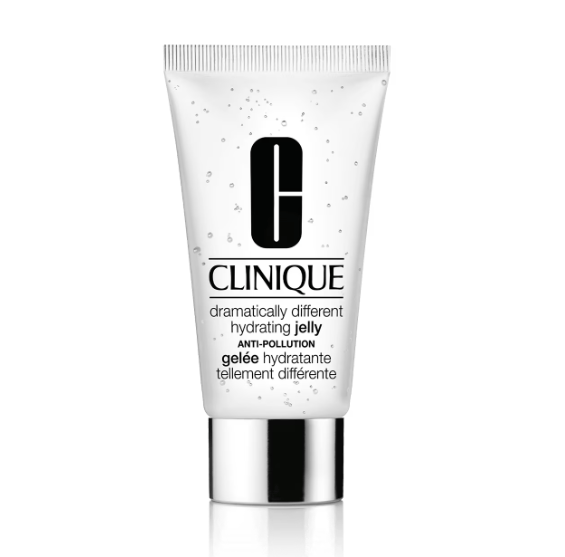 Tubo branco transl&uacute;cido de gel hidratante Clinique Dramatically Different Hydrating Jelly Anti-Pollution, com tampa prateada e bolhas de ar vis&iacute;veis no gel