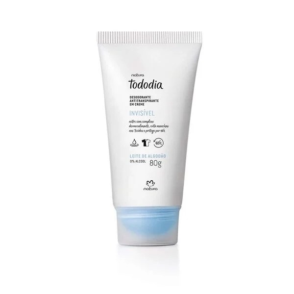 Tubo branco de desodorante antitranspirante em creme Natura Tododia Leite de Algod&atilde;o, 80g, com tampa azul transl&uacute;cida. O r&oacute;tulo informa ser invis&iacute;vel, 0% &aacute;lcool e prote&ccedil;&atilde;o por 48h