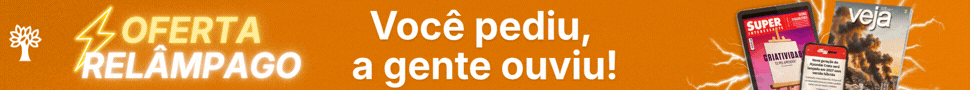 PÁGINA DE OFERTAS (970 x 90 px) Banner laranja com texto branco OFERTA RELÂMPAGO e Você pediu, a gente ouviu!. À esquerda, um ícone de árvore. À direita, capas de revistas digitais e um celular exibindo notícias, com raios brancos ao fundo