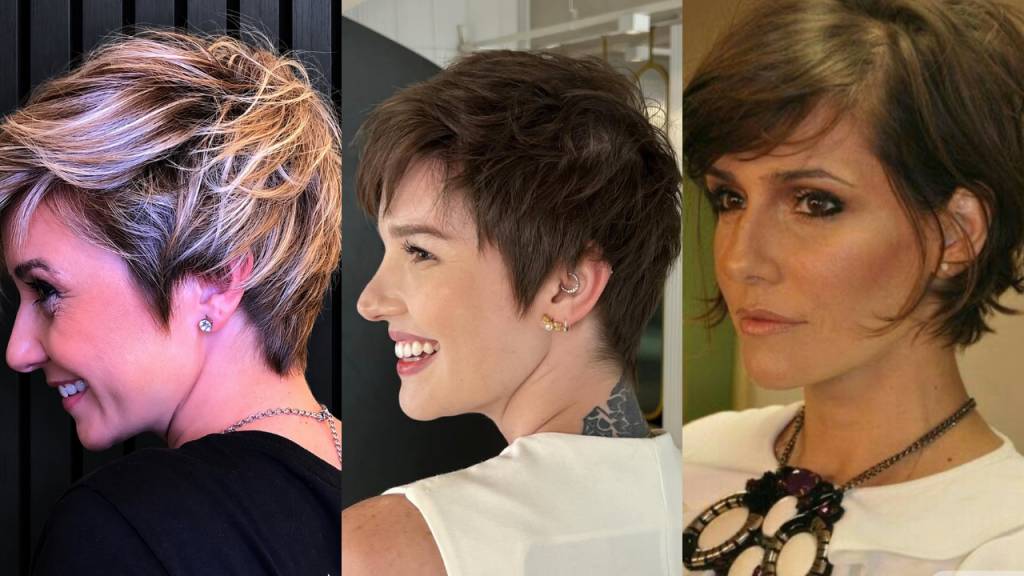 Tr&ecirc;s mulheres com cortes de cabelo curtos e modernos. A primeira, loira com mechas, sorri de perfil. A segunda, morena com cabelo bagun&ccedil;ado, sorri mostrando os dentes. A terceira, morena com maquiagem marcante, olha para o lado com um colar grande