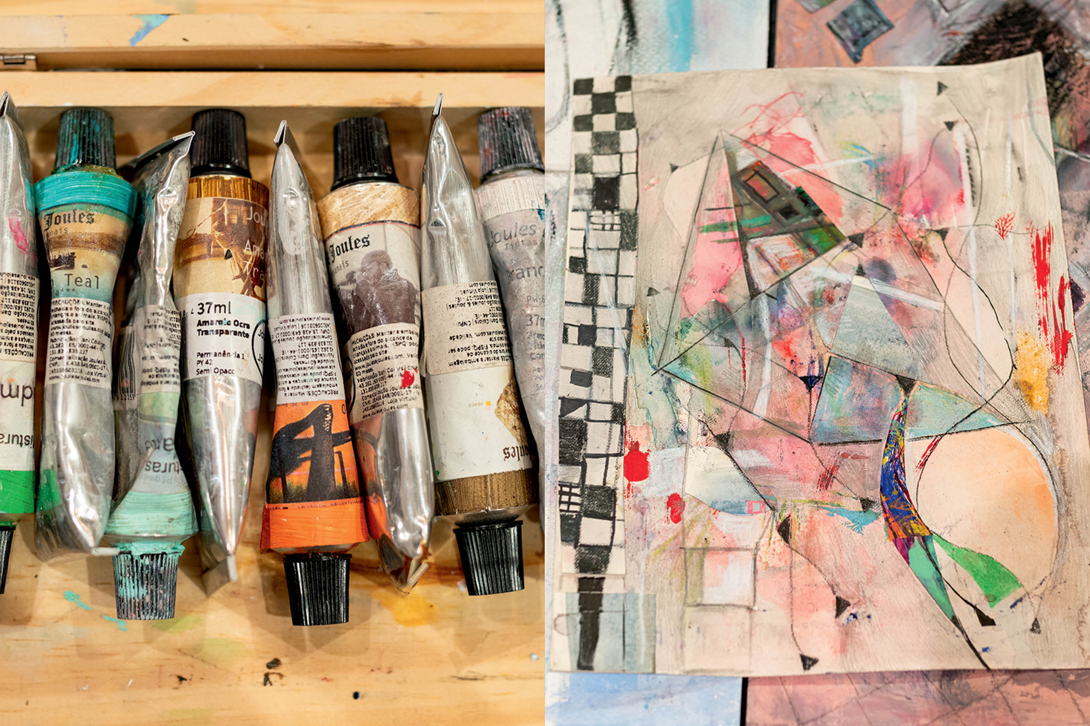 Tubos de tinta a &oacute;leo de diversas cores e uma pintura abstrata com formas geom&eacute;tricas e tons pastel