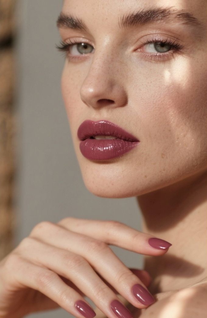 Close-up de uma mulher com maquiagem, l&aacute;bios com batom rosa-escuro brilhante e unhas pintadas na mesma cor, com a m&atilde;o direita tocando o pesco&ccedil;o. A luz do sol incide sobre o rosto e o ombro, destacando sardas e a textura da pele