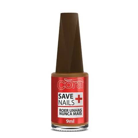 Frasco de esmalte Cora Save Nails, com tampa marrom escura e corpo de vidro transparente contendo l&iacute;quido marrom claro. O r&oacute;tulo vermelho exibe o nome da marca em branco, SAVE NAILS e um sinal de mais vermelho, seguido por ROER UNHAS NUNCA MAIS e 9ml