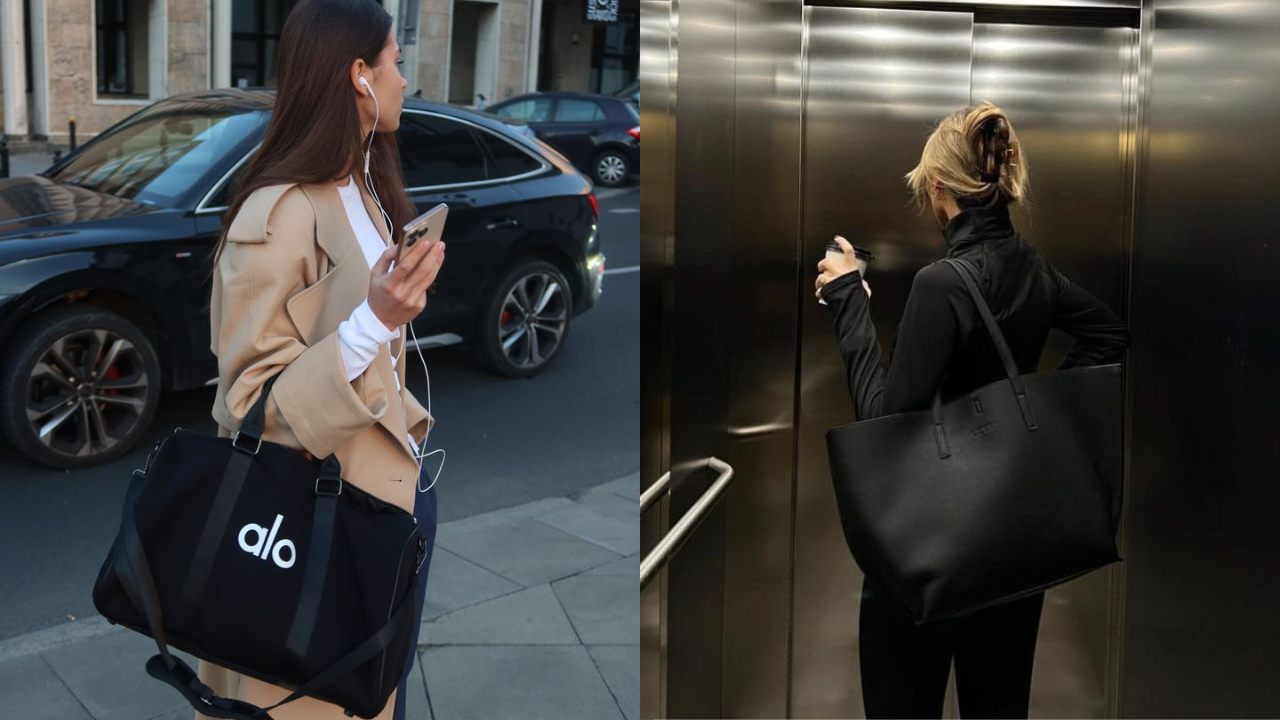 Duas mulheres em ambientes distintos. À esquerda, uma mulher de casaco bege e fones de ouvido caminha na rua com uma bolsa preta alo. À direita, outra mulher de blusa preta e coque, de costas, segura uma xícara e uma bolsa preta grande dentro de um elevador metálico